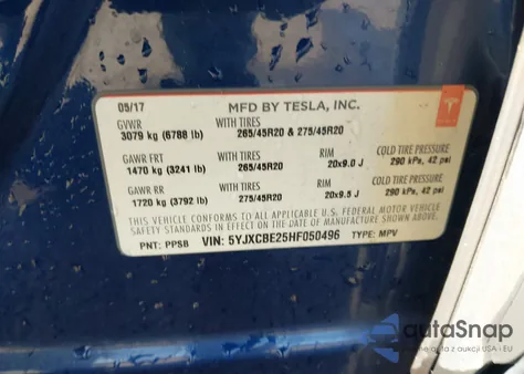 2017 Tesla Model X 100D/75D/90D z USA, uszkodzony, nr VIN 5YJXCBE25HF050496